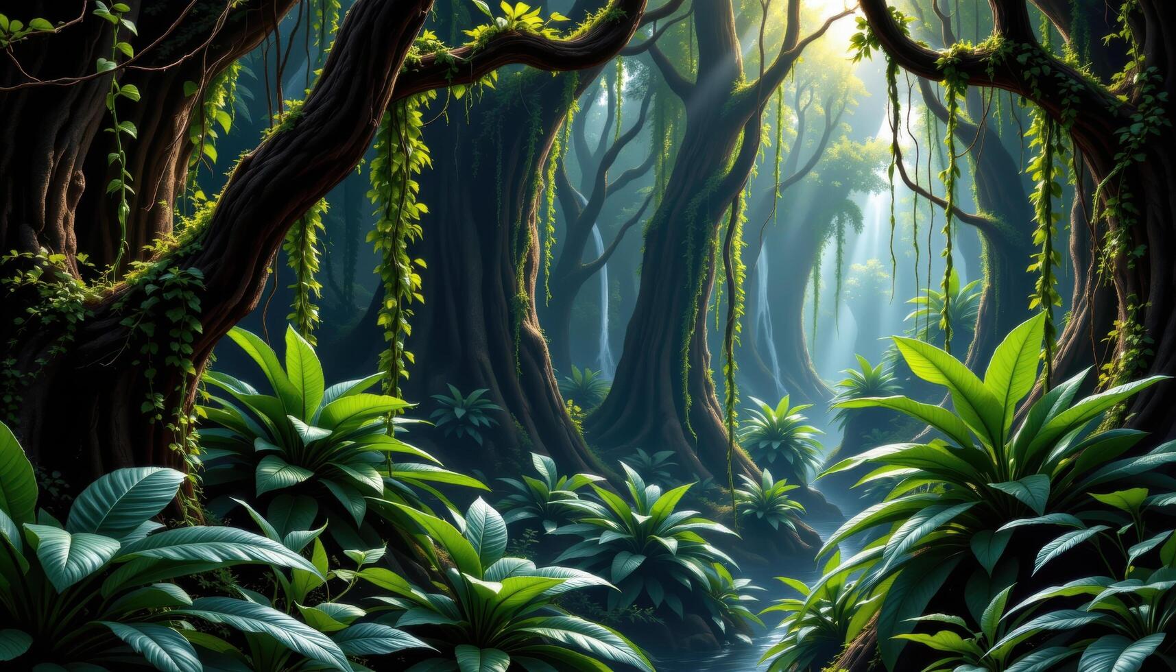 a dense jungle with cascading viness photo