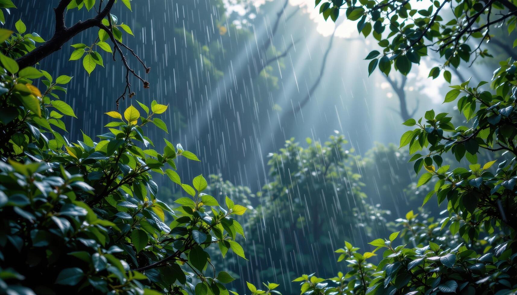 rain soaked forest with glistening leavess photo