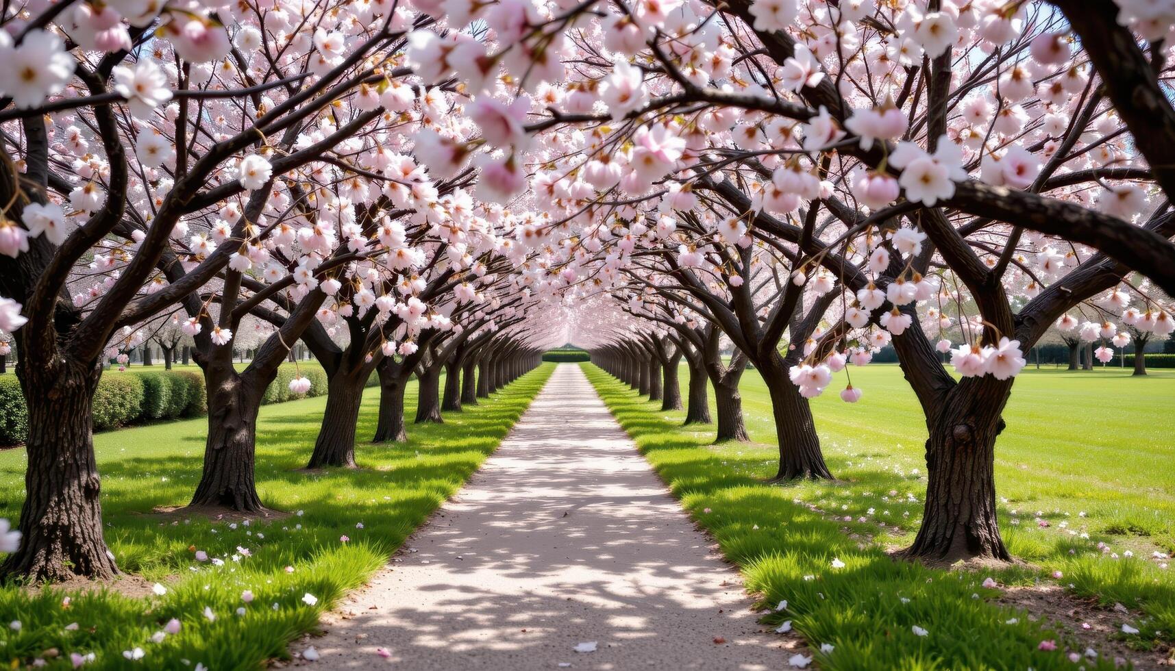 a path lined with cherry blossom trees in blooms photo
