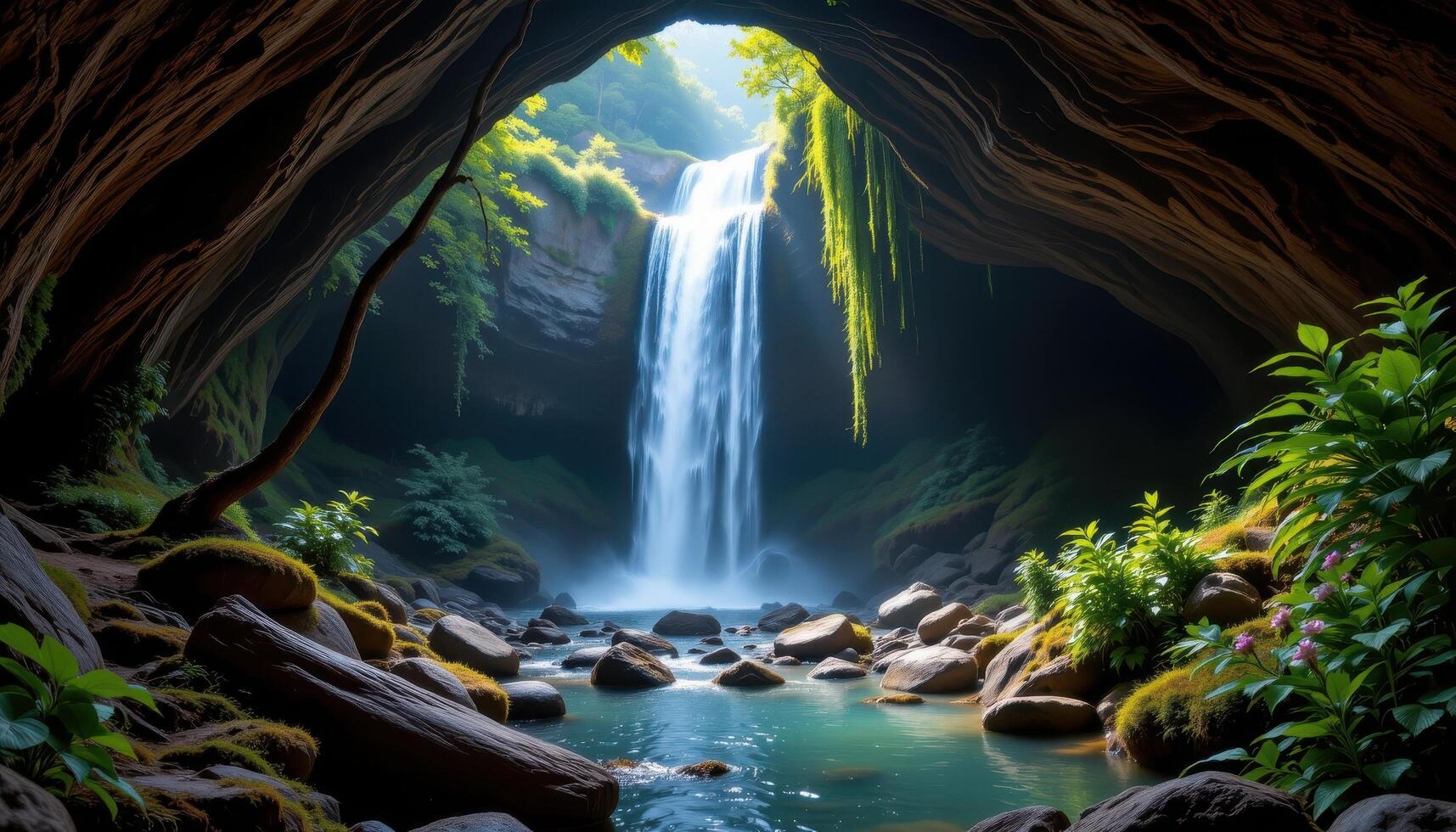 secret forest cave behind a waterfalls photo
