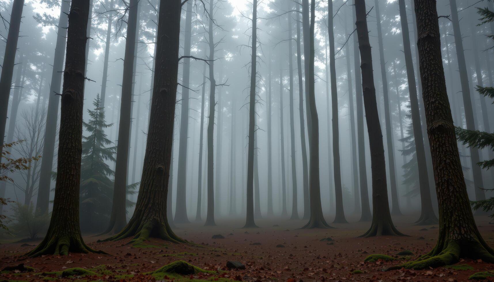 a forest with tree trunks wrapped in fogs photo