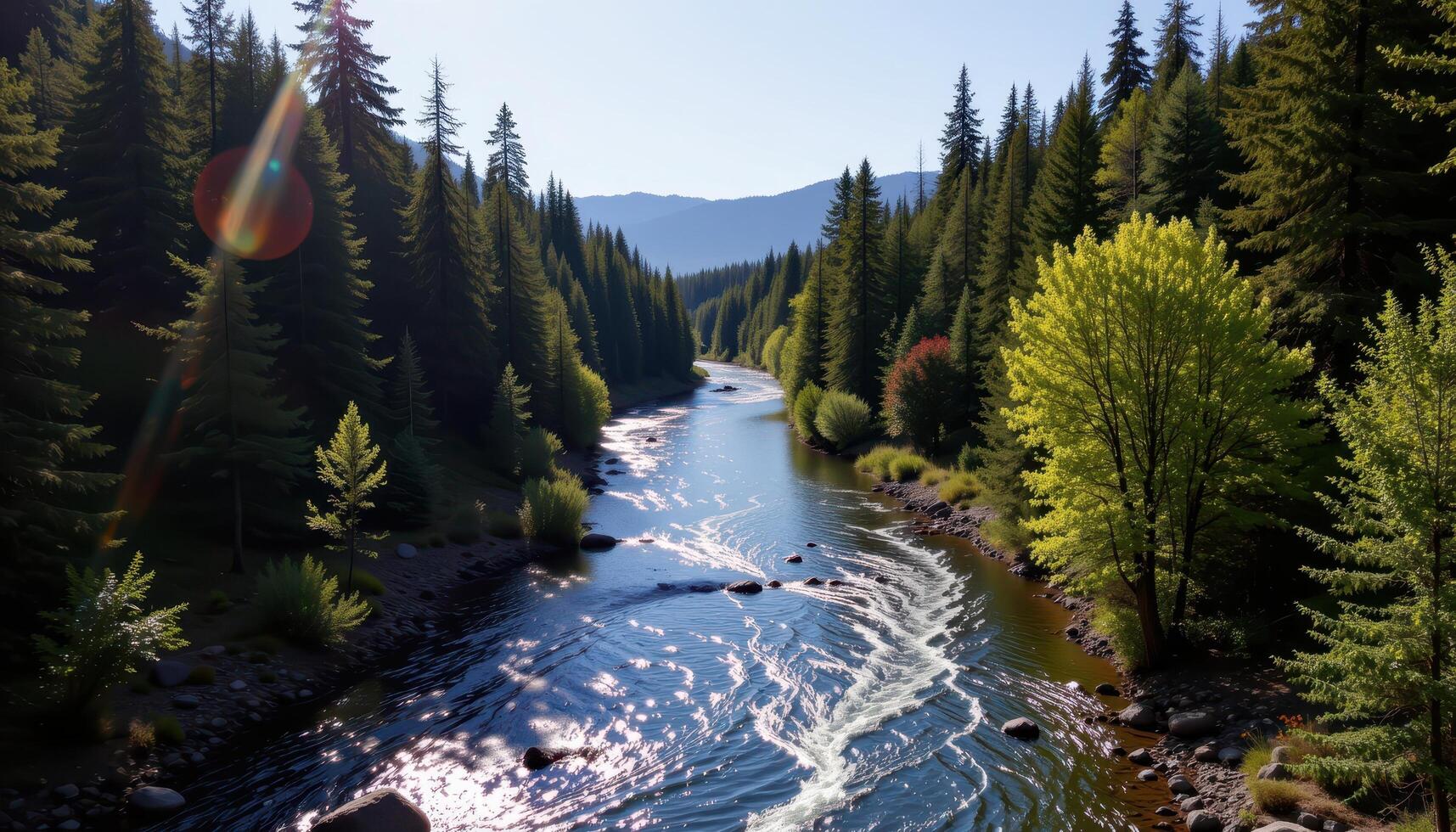 a shimmering river cutting through a forests photo