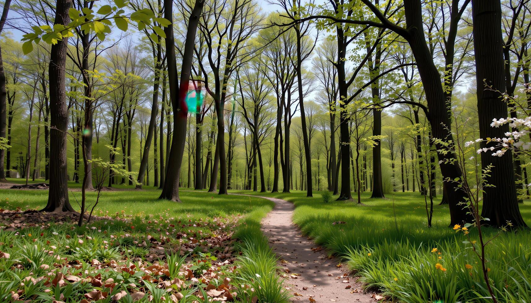 a trail winding between tall oaks and elmss photo