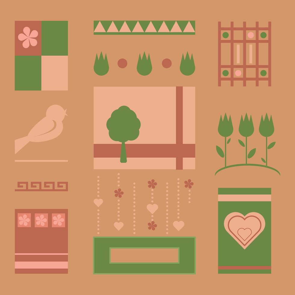 Natural set. Collection of geometric shape, bird, flower and heart vector