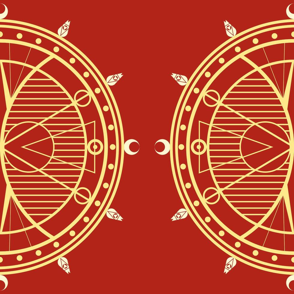 Geometric yellow round ornament on red background for cards vector