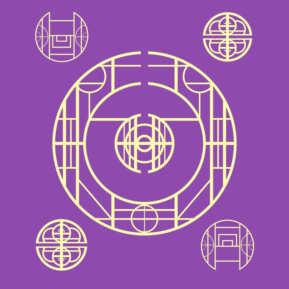 Set of asian circular clipart with geometric shapes. Geometric mandala on violet background for card and banner vector