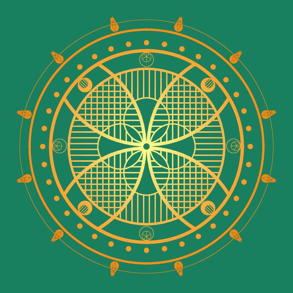 Gold circular pattern with geometric shapes. Geometric mandala on green background for card and banner vector