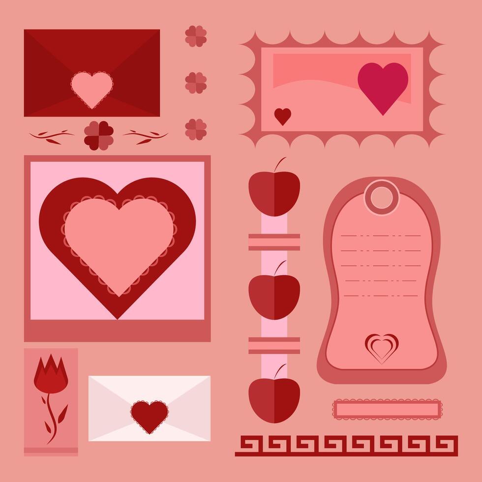 Love set in red colors. Collection of hearts, envelope, label, stamps for stickers vector