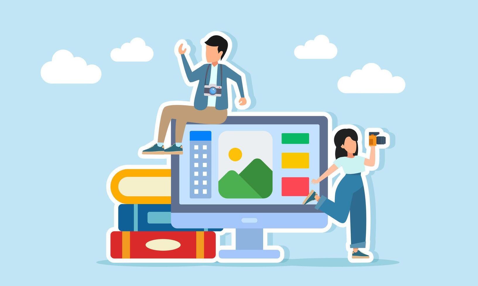Female photographer doing a photo session while another sits on a monitor showing editing app near a stack of books illustration of learning photo editing for commercial use vector