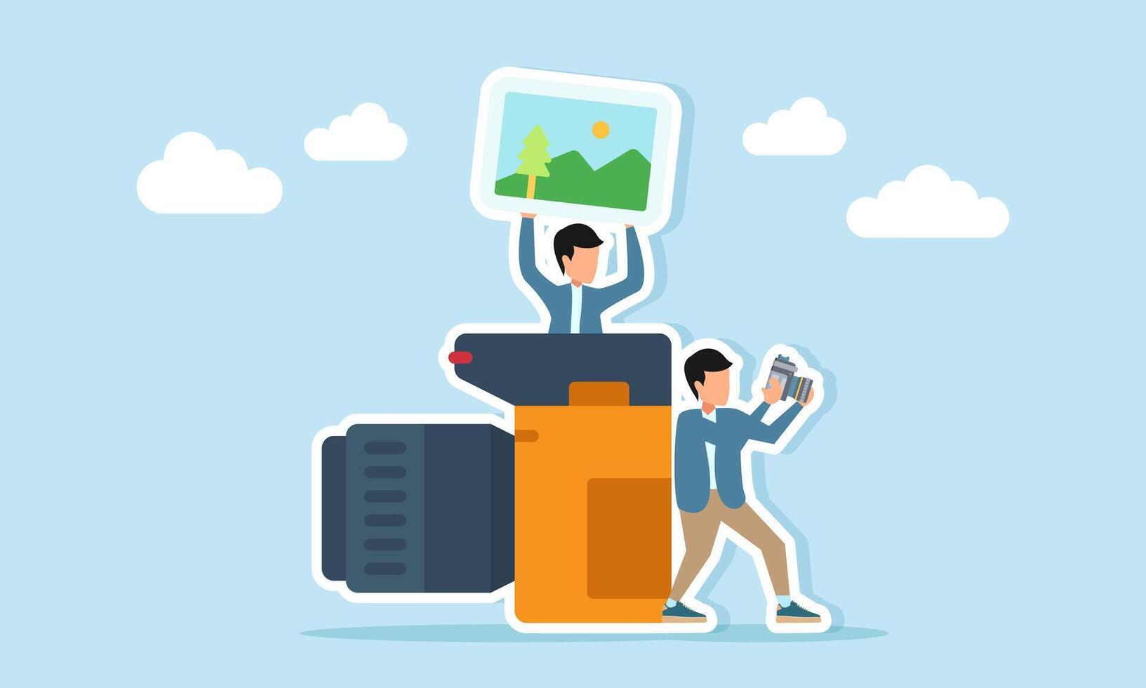 Photographer doing a photo session while another person appears from behind the camera lifting a photo album illustration of professional photo session vector