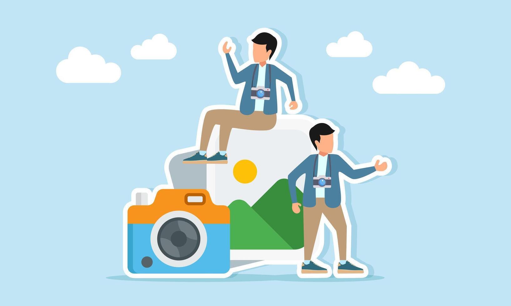 Photographer sitting on a photo album near a camera while another photographer stands beside illustration of creative agency for business or personal branding needs vector