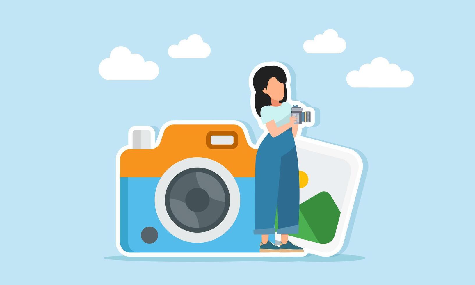 Female photographer holding a camera standing between a camera and a photo album illustration of content creator personal branding or beauty vlogger vector