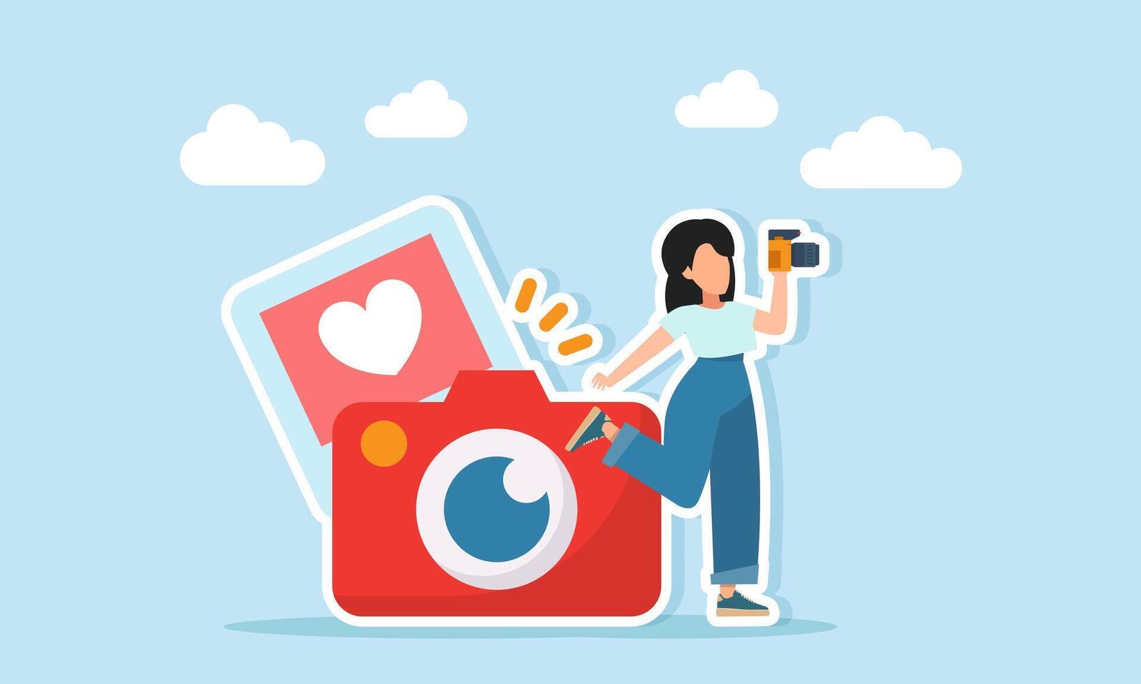 female photographer doing a photo session near a camera and a photo gallery with love icons illustration of a beauty vlogger for personal branding vector