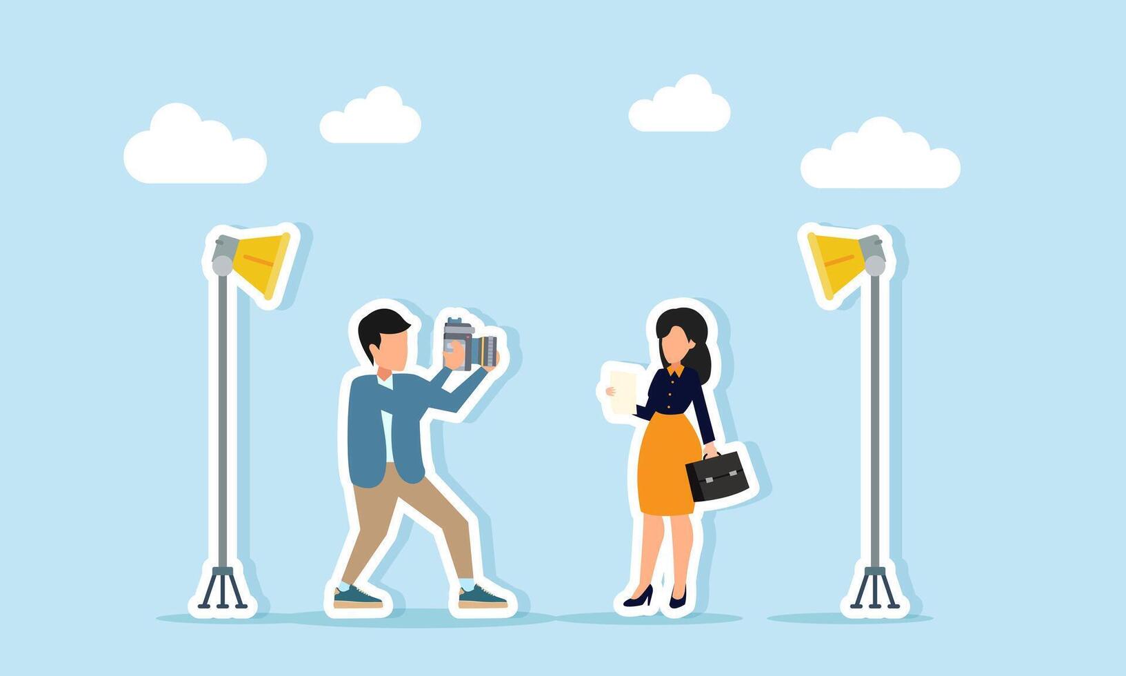 Photographer doing a photo session with standing lamp lighting for a female talent posing like a businesswoman illustration of professional photo session vector