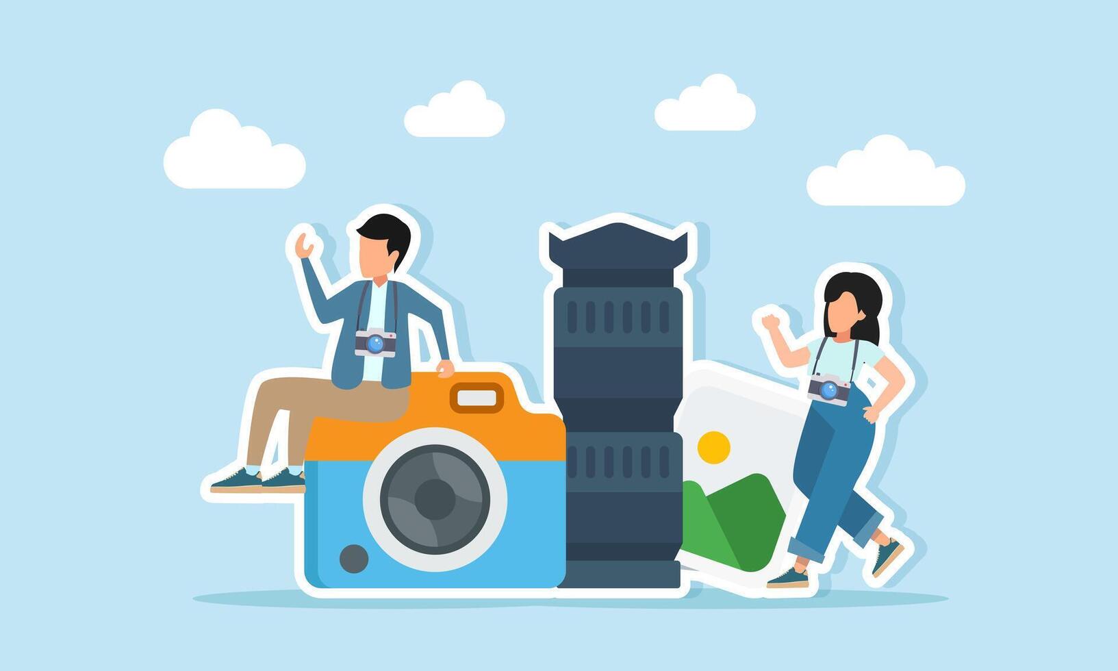 Male and female photographers near camera lens and photo album illustration of photo session or location scouting vector