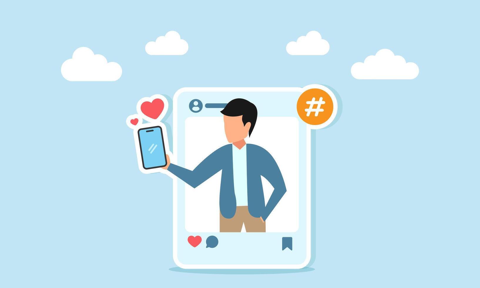 a man holding smartphone inside social media frame taking a selfie illustration of personal branding vector