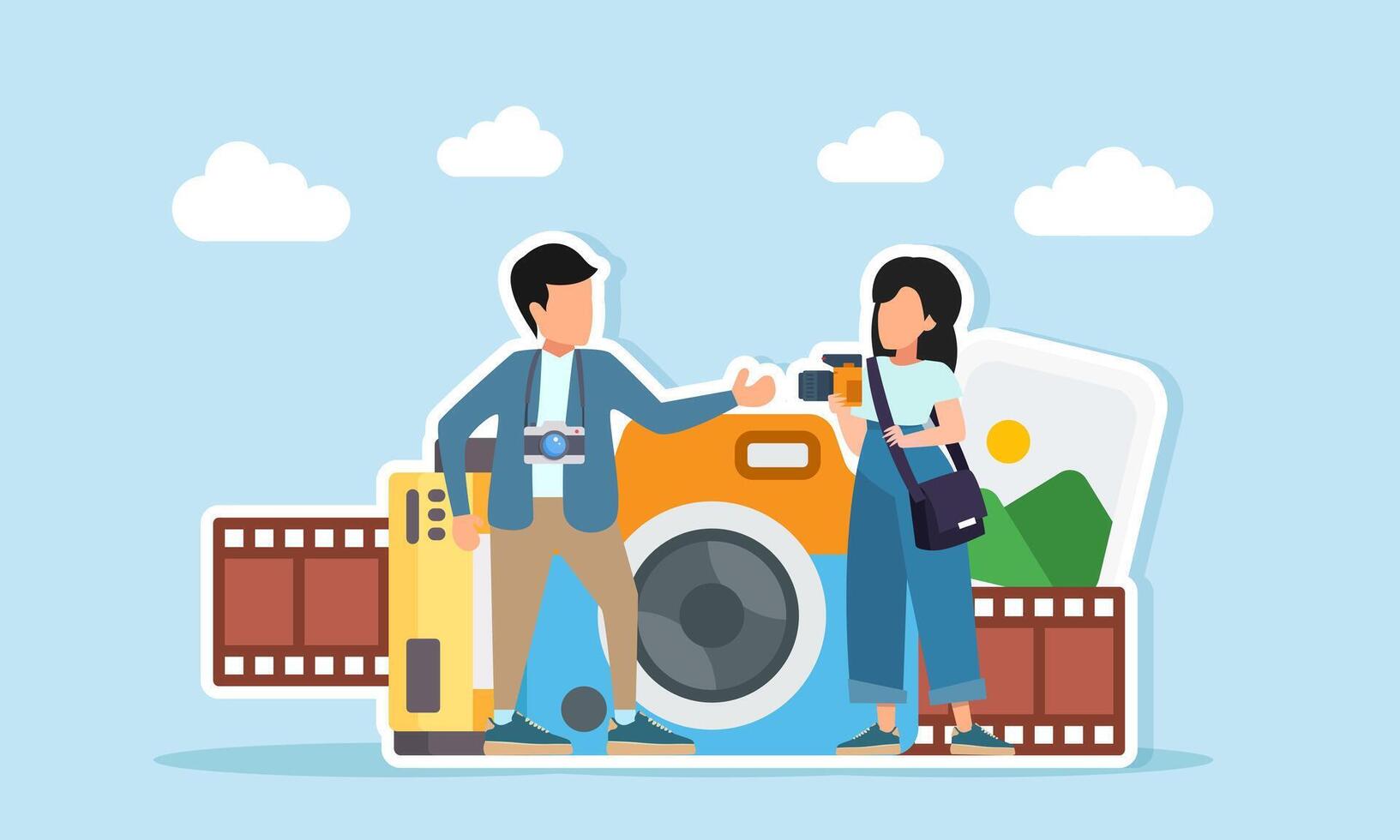 male and female photographers having a discussion near a camera film and photo gallery illustration of a sharing session about film production vector