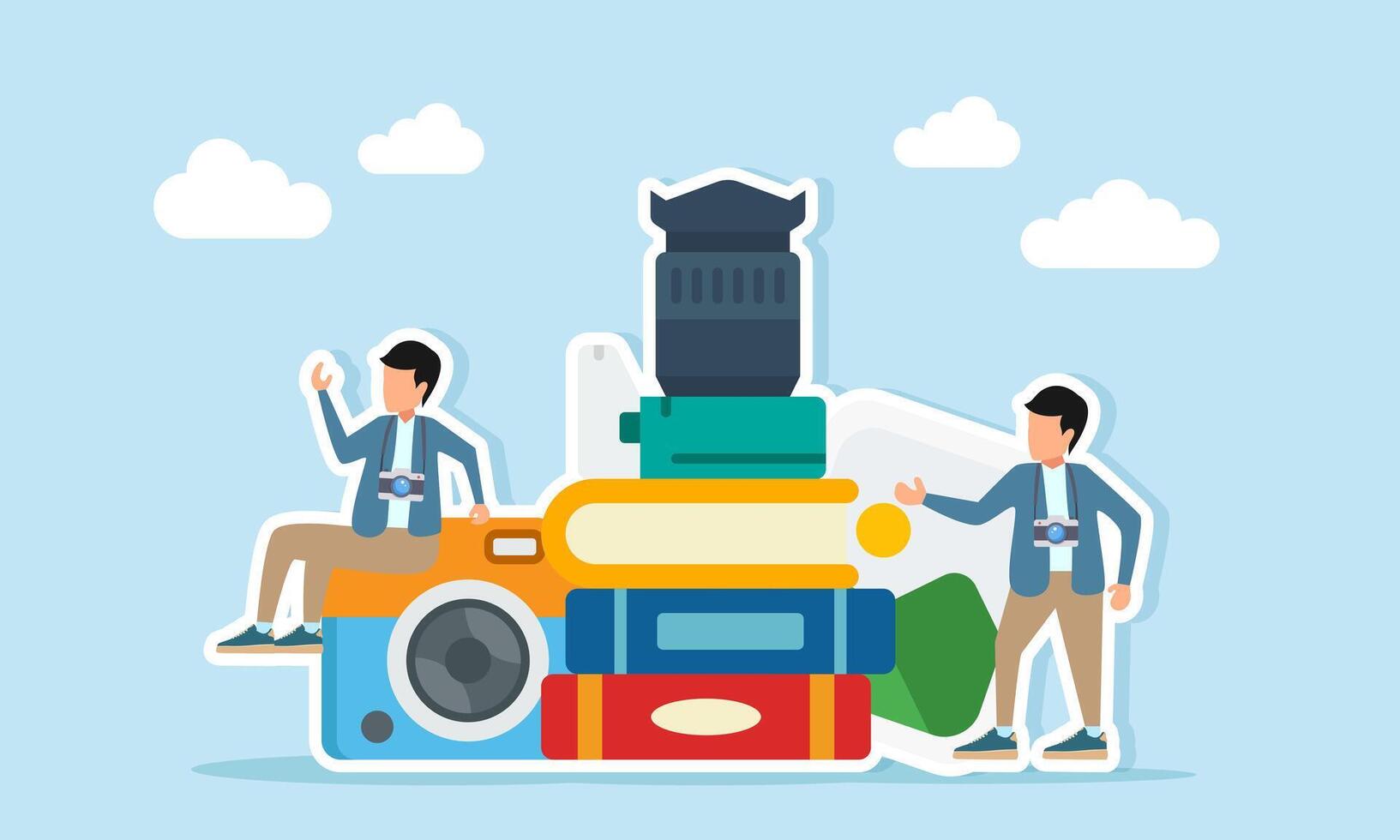 Photographer sitting on a camera while another stands near a photo gallery book stack and camera illustration of sharing time to expand knowledge and photography skill updates vector