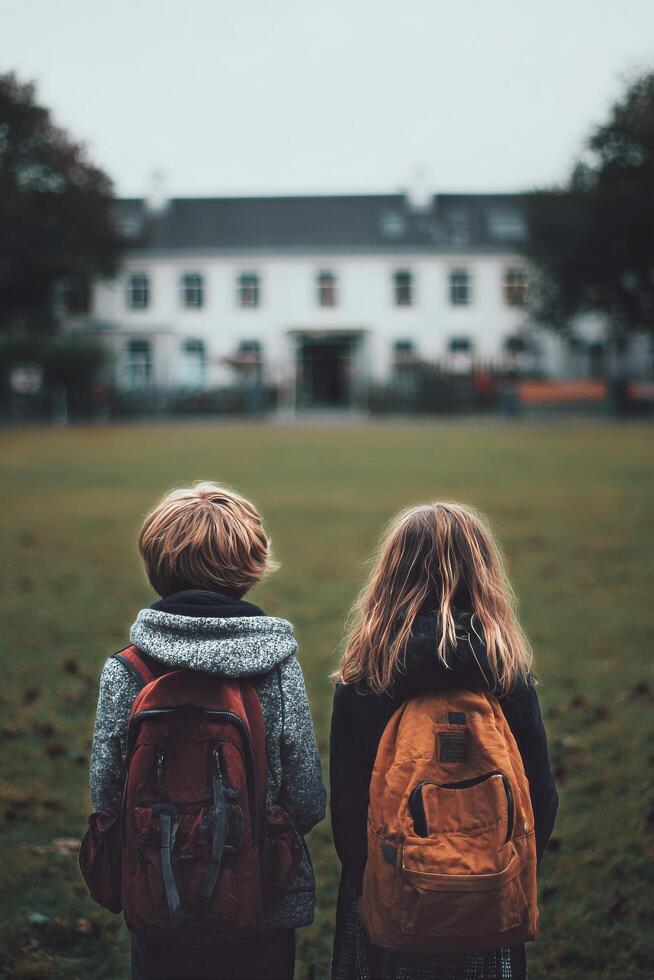 Children Explore a Field Near an Old Mansion on a Cloudy Day in Autumn. photo