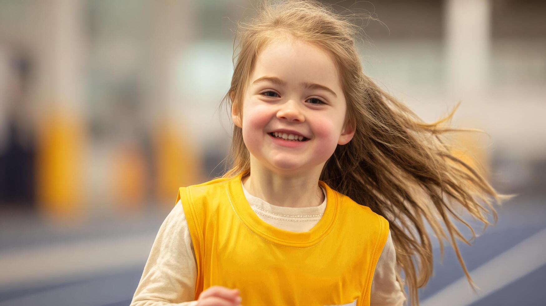 Young Girl Joyfully Participating in a Running Event at a Sports Facility During a Sunny Afternoon. photo