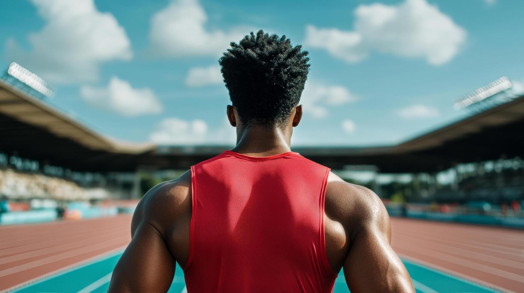 Athlete Prepares for a Race Under Stadium Lights on an Empty Track During Night. photo