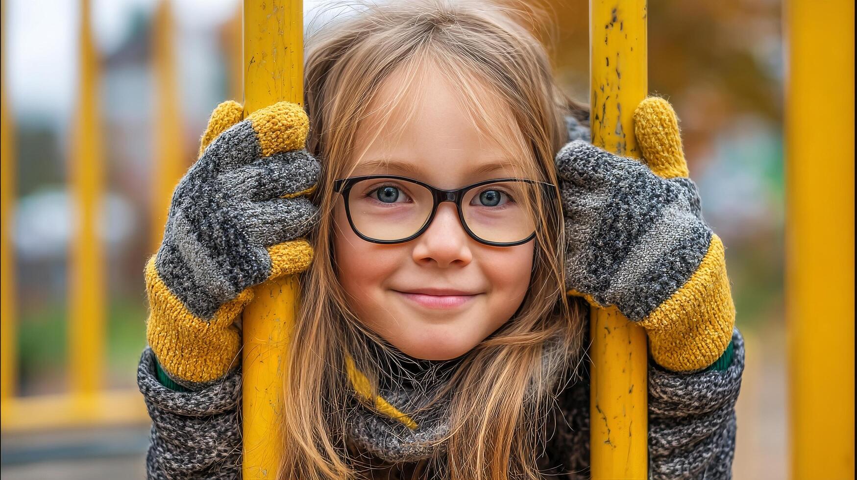 Child Enjoys Playful Moment at Playground Wearing Cozy Mittens During Autumn Afternoon. photo