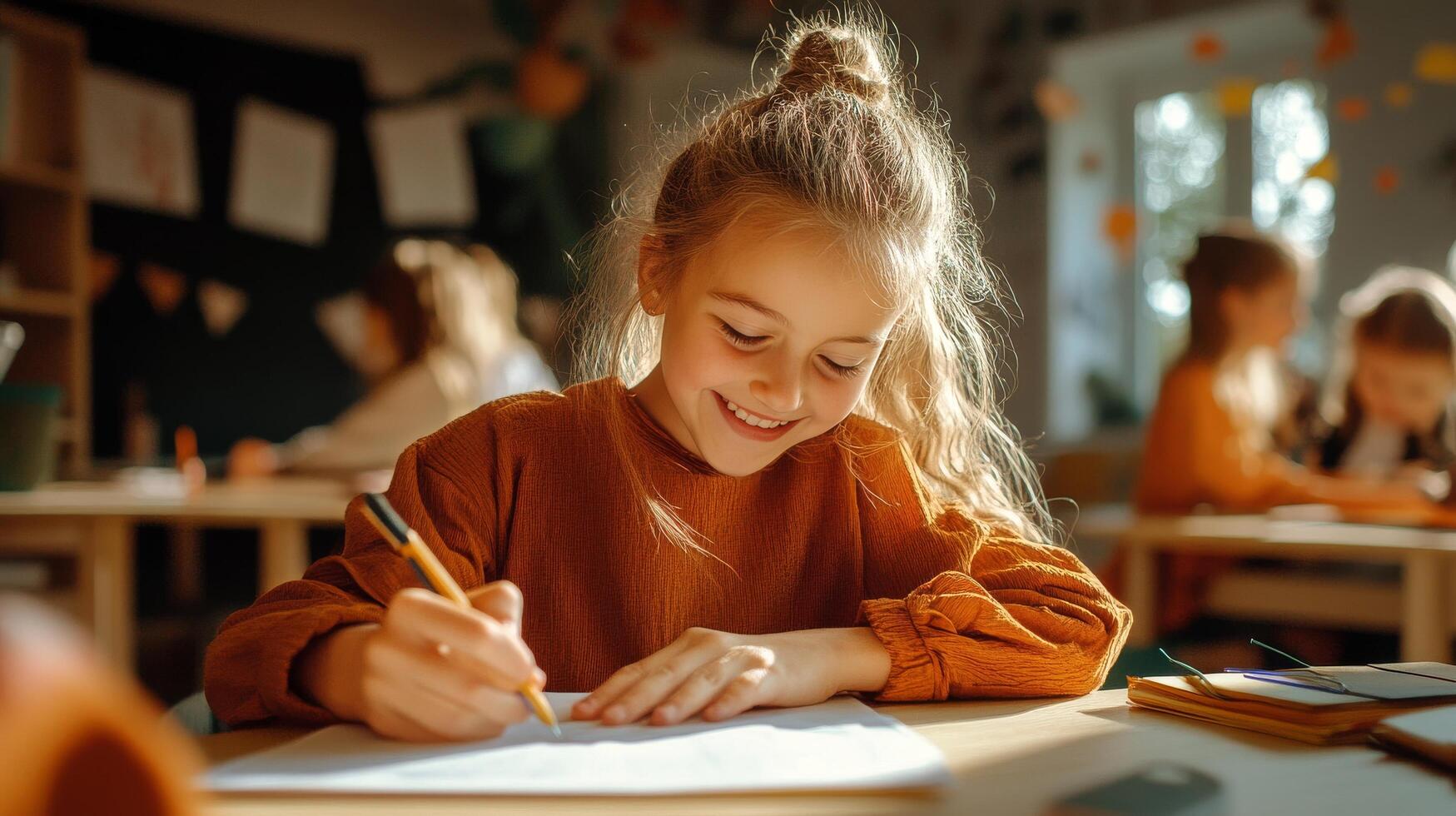 Young Girl Drawing in a Classroom During the Afternoon With Classmates Around Her photo