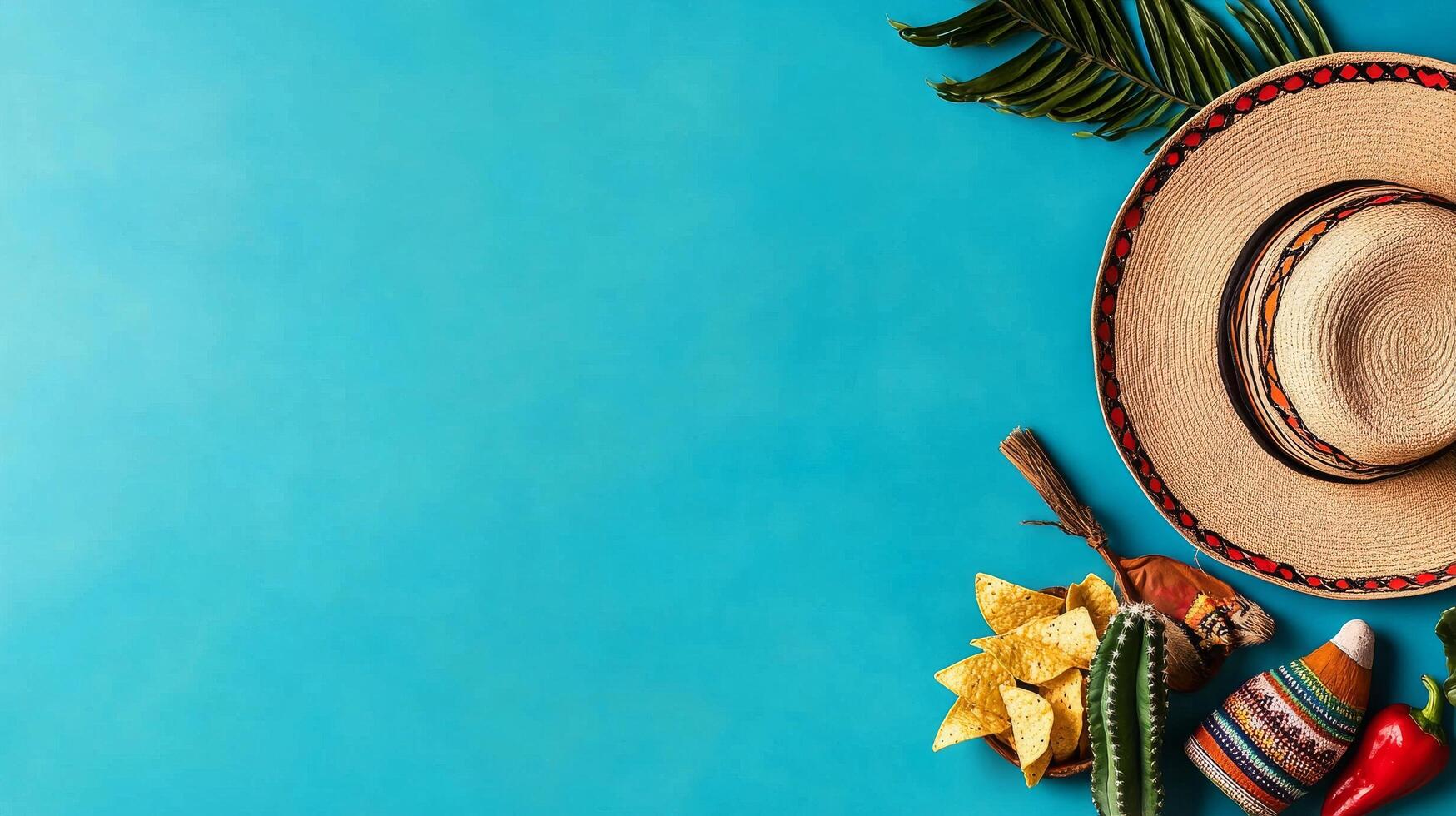 Colorful Sombrero With Festive Snacks and Decorations on a Bright Teal Background at a Celebration photo