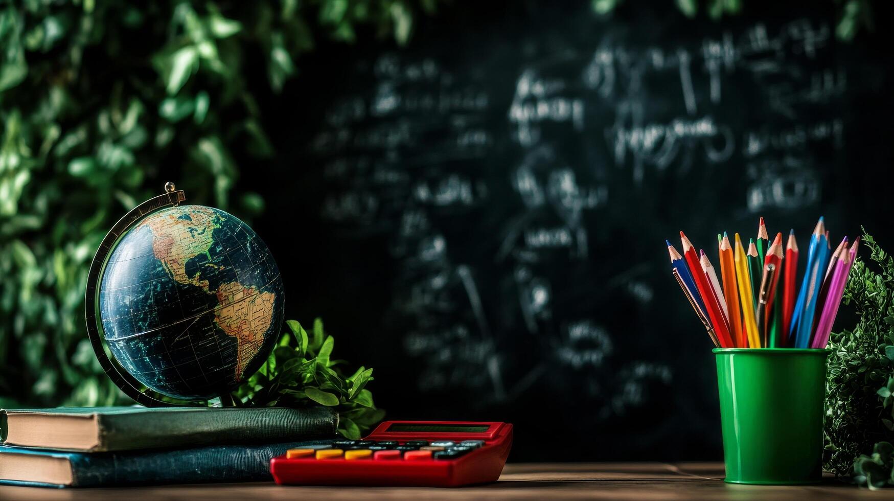 Classroom Study Materials With a Globe, Calculator, and Colorful Pencils on a Desk photo