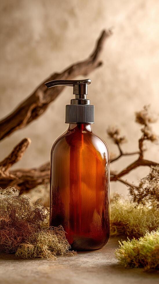 Glass Spray Bottle on a Natural Surface With Twigs and Moss for Eco-Friendly Products. photo