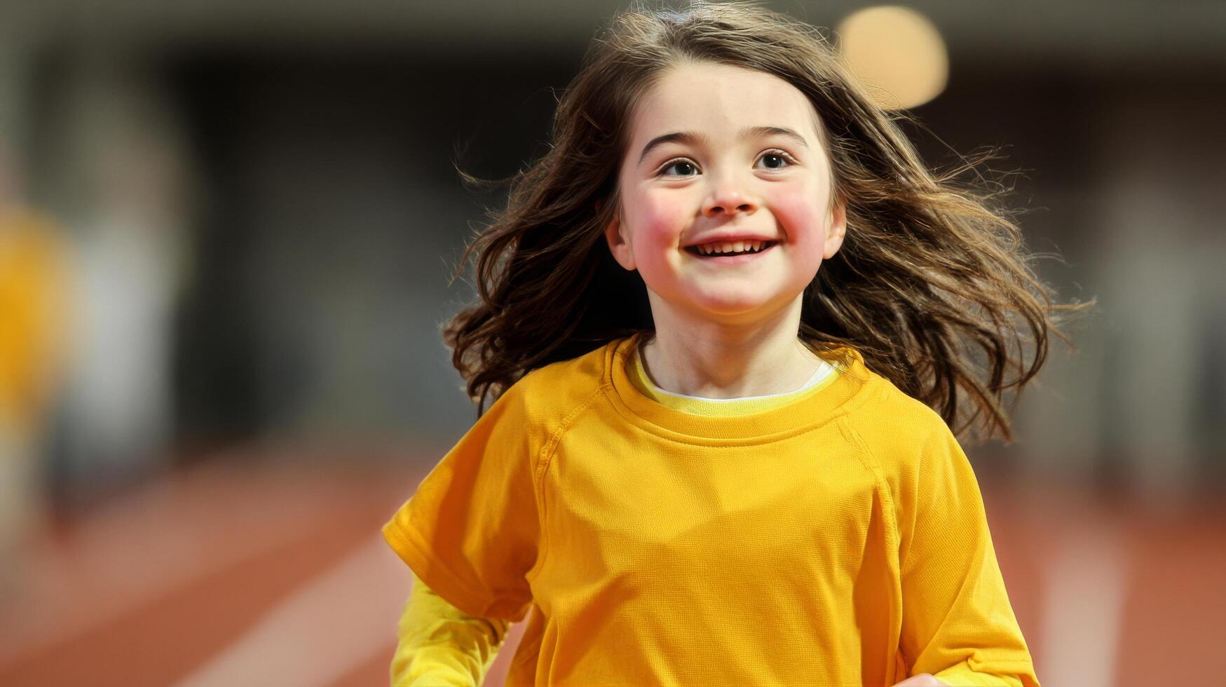 Young Girl Joyfully Participating in a Running Event at a Sports Facility During a Sunny Afternoon photo