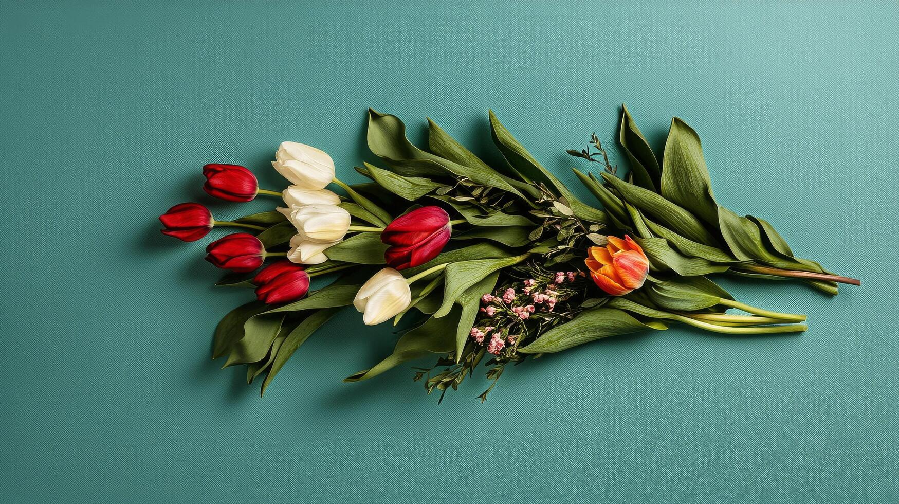 Colorful Tulip Arrangement on Teal Surface for Spring Decoration and Floral Design Inspiration photo