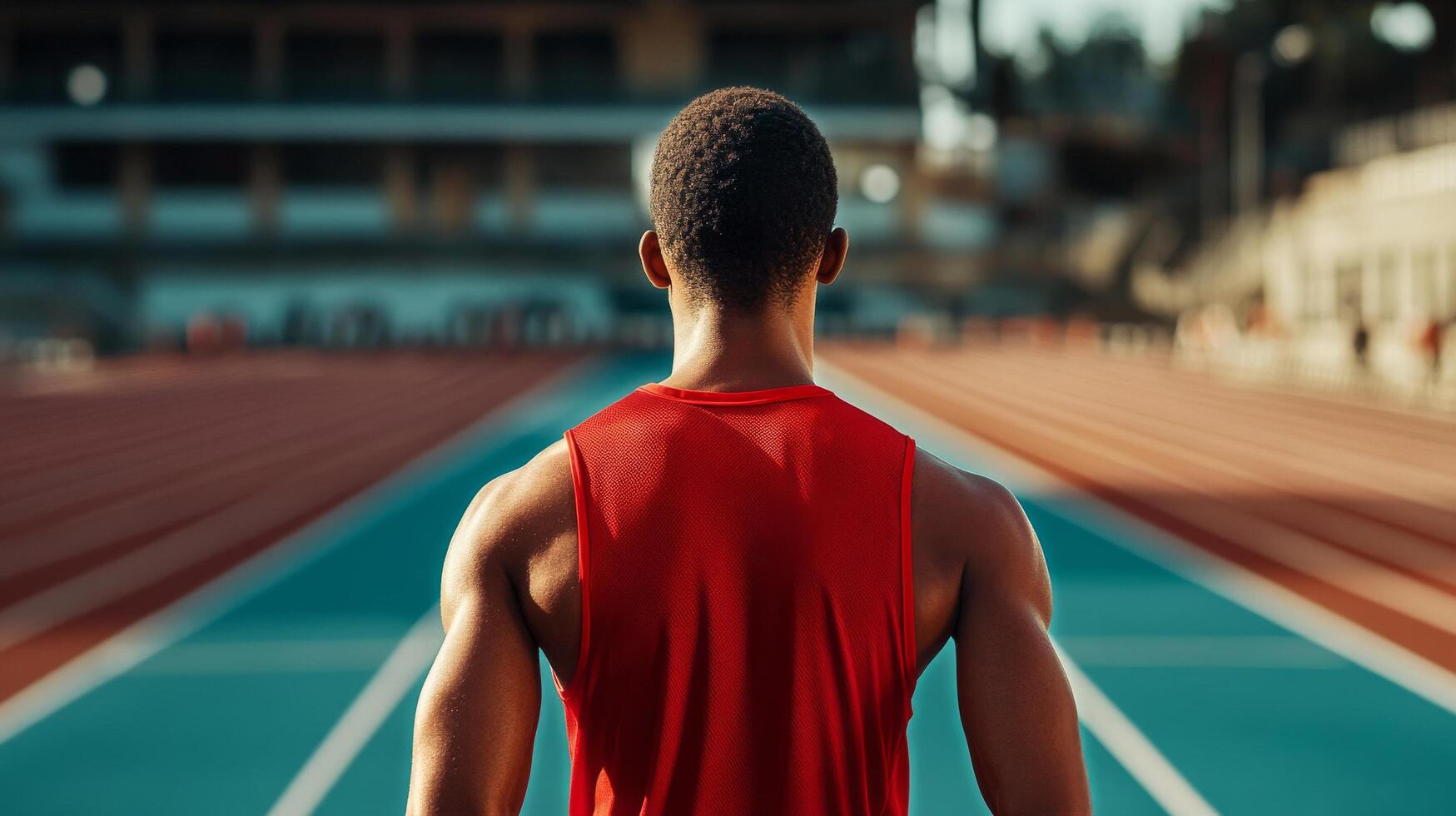 Runner Prepares to Start Race on Athletic Track During Sunny Afternoon in Urban Setting photo