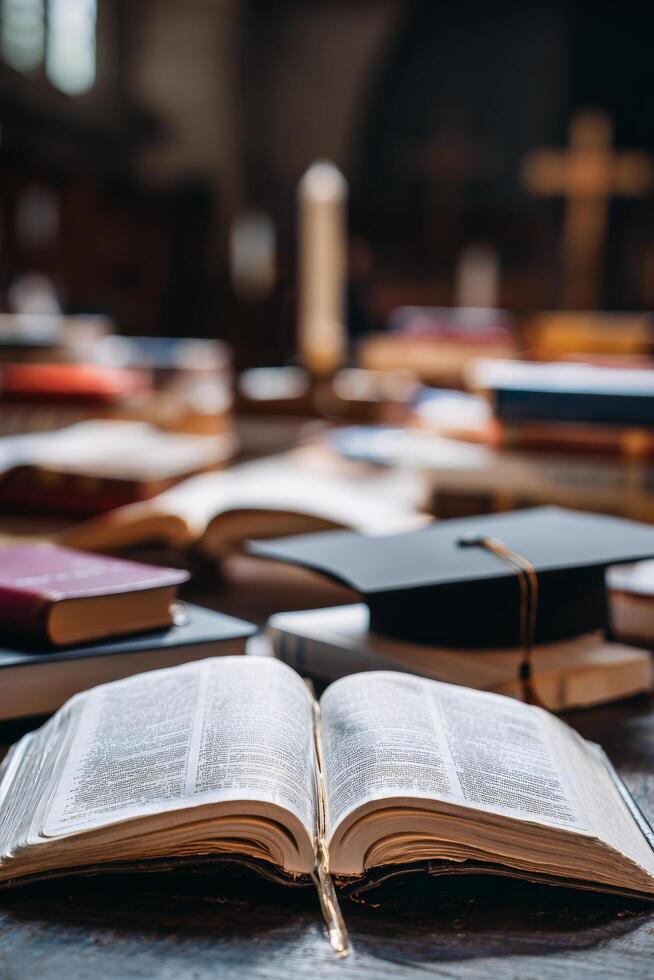 Open Book on Desk Surrounded by Stacked Books and Graduation Cap in Library Setting. photo