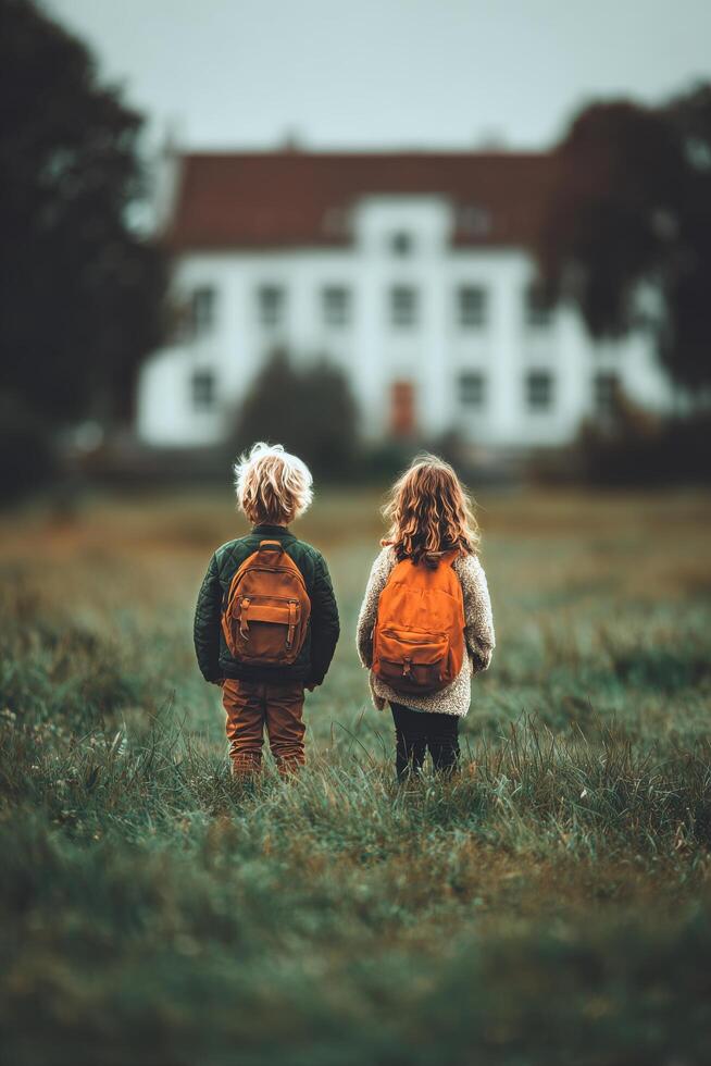 Children Explore a Field Near an Old Mansion on a Cloudy Day in Autumn photo