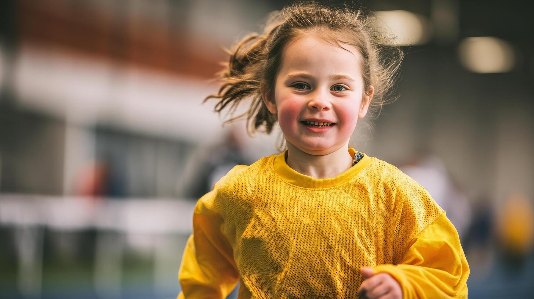 Young Girl Smiles While Running in Indoor Sports Facility During Practice Session. photo