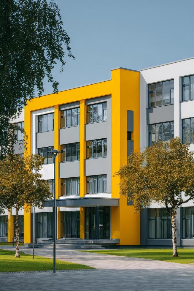 Bright Modern Building With Yellow Accents Surrounded by Green Trees in a Sunny Daytime Setting photo