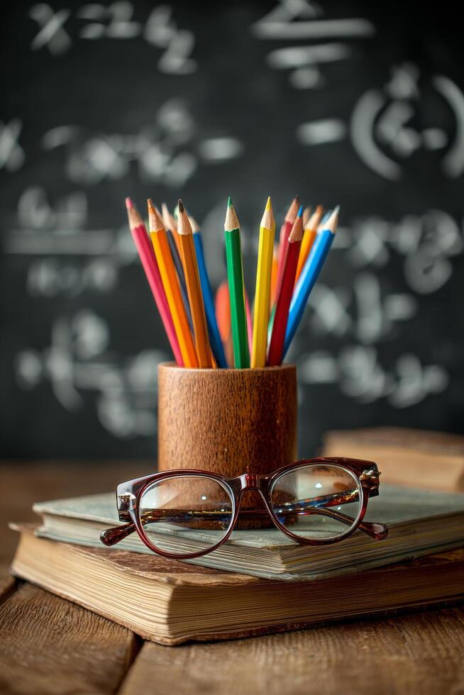 Bright Colored Pencils and Glasses Resting on Books With a Blackboard Background photo