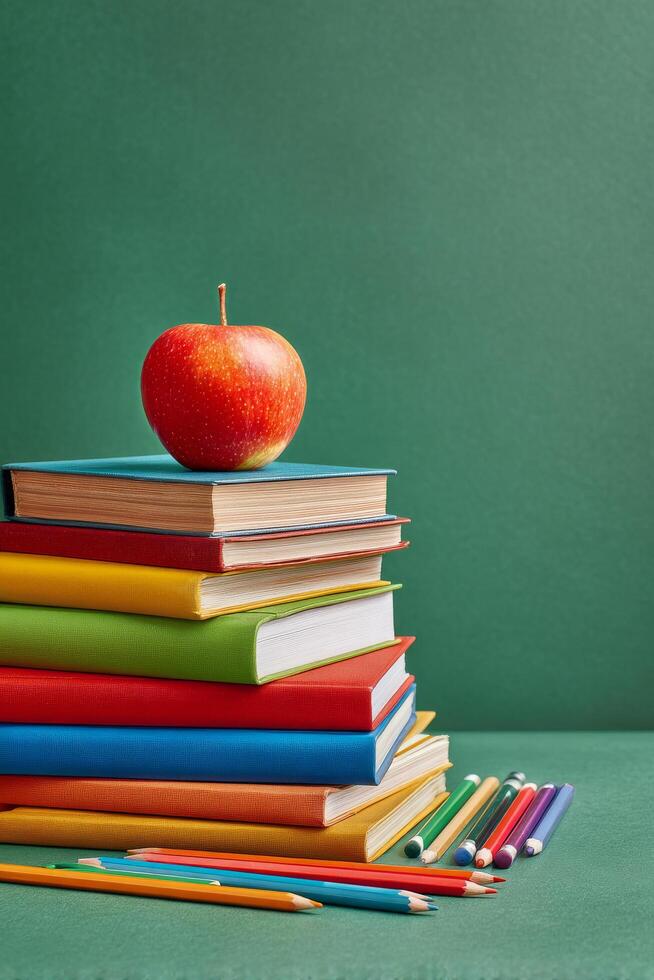 Colorful Stack of Books With Red Apple on Top Against Green Background in a Study Environment. photo