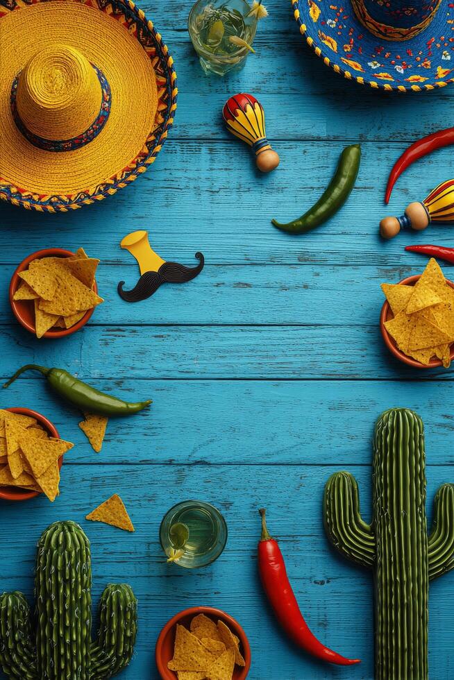 Vibrant Mexican Fiesta Celebration With Traditional Elements and Festive Snacks Arranged on Blue Table. photo