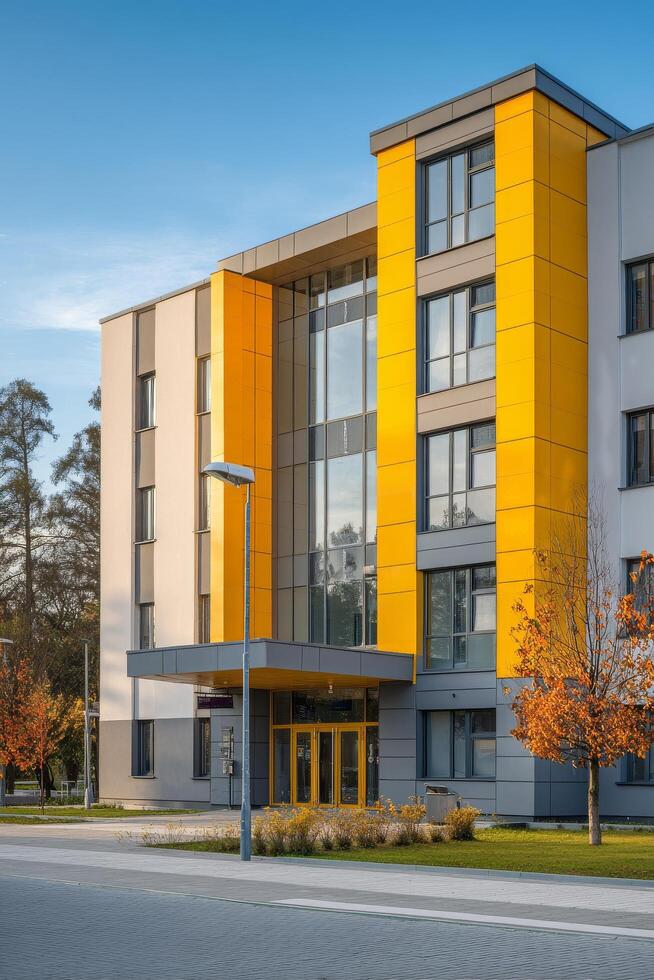 Modern Building With Striking Yellow Accents in a Landscaped Area During Daytime. photo