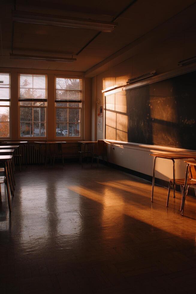 Quiet Classroom With Sunlight Casting Shadows in the Afternoon. photo