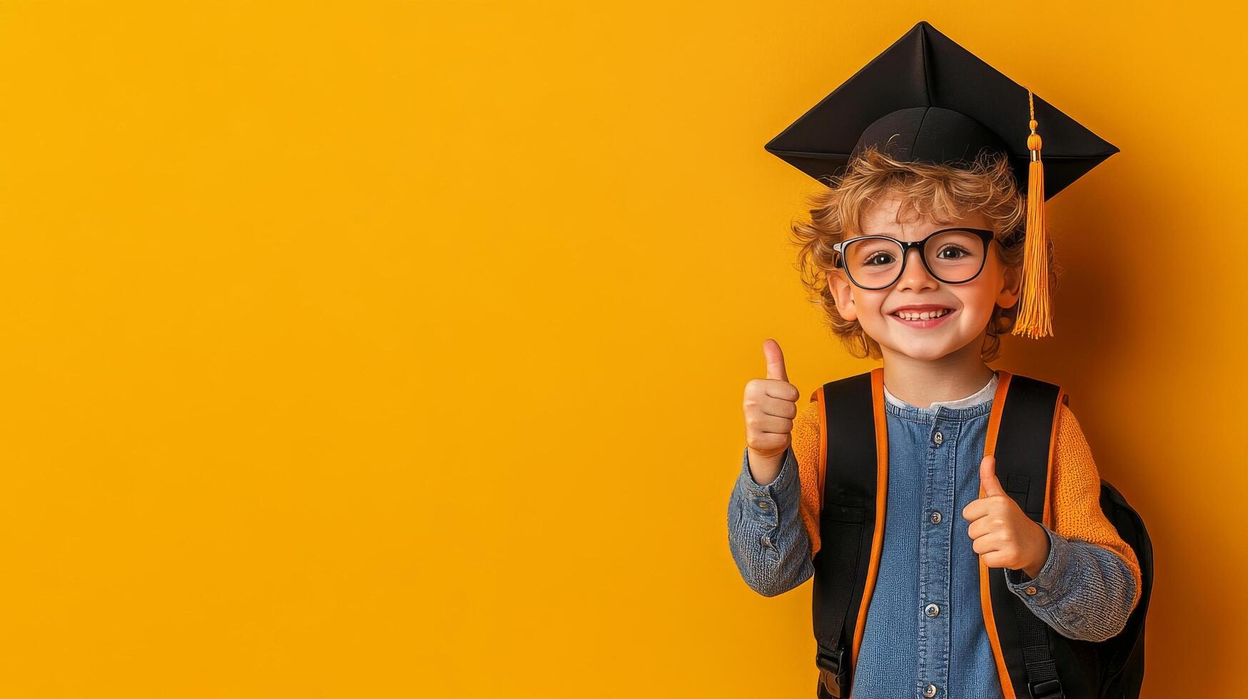 Child Celebrates Graduation With Cap and Backpack in Front of Yellow Background photo