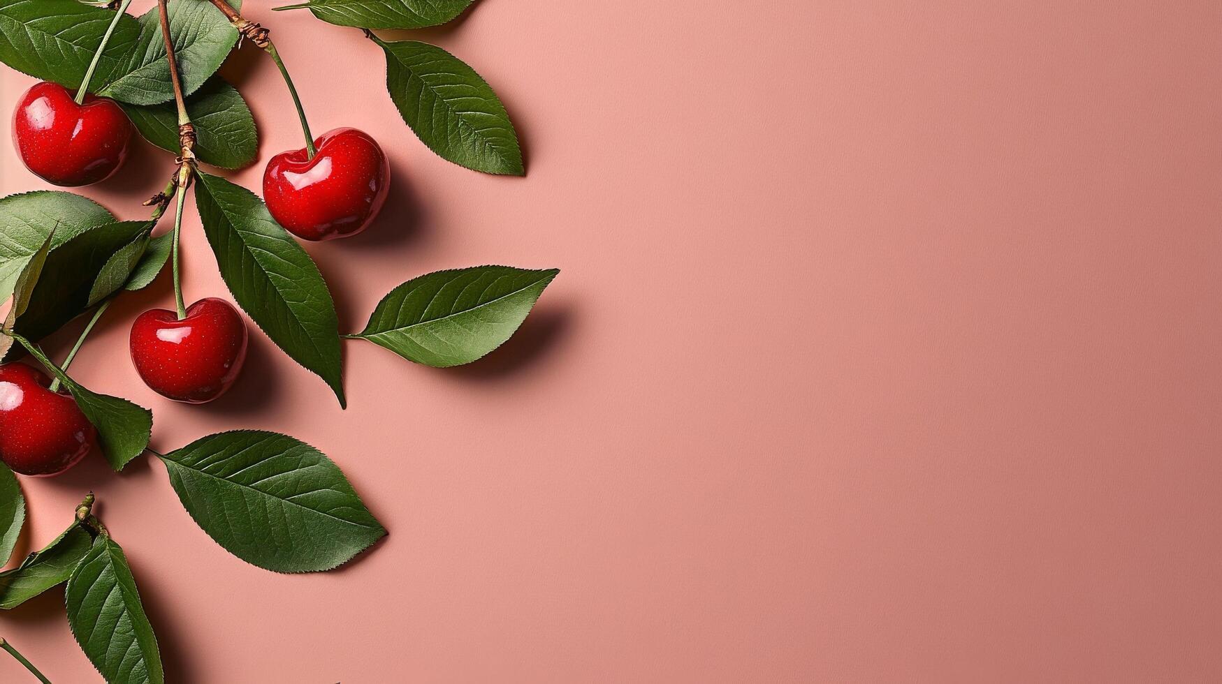 Fresh Cherries With Green Leaves Arranged on a Soft Pink Background Inspiring a Vibrant Summer Feel. photo