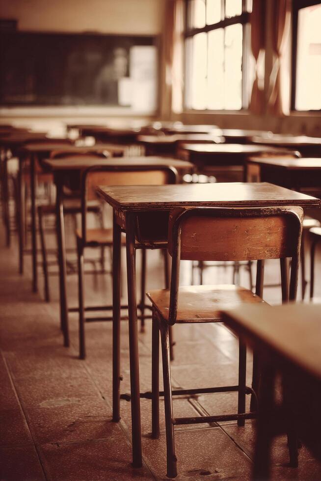 Empty Classroom With Wooden Desks and Chairs in a Rustic Setting During Daylight Hours. photo