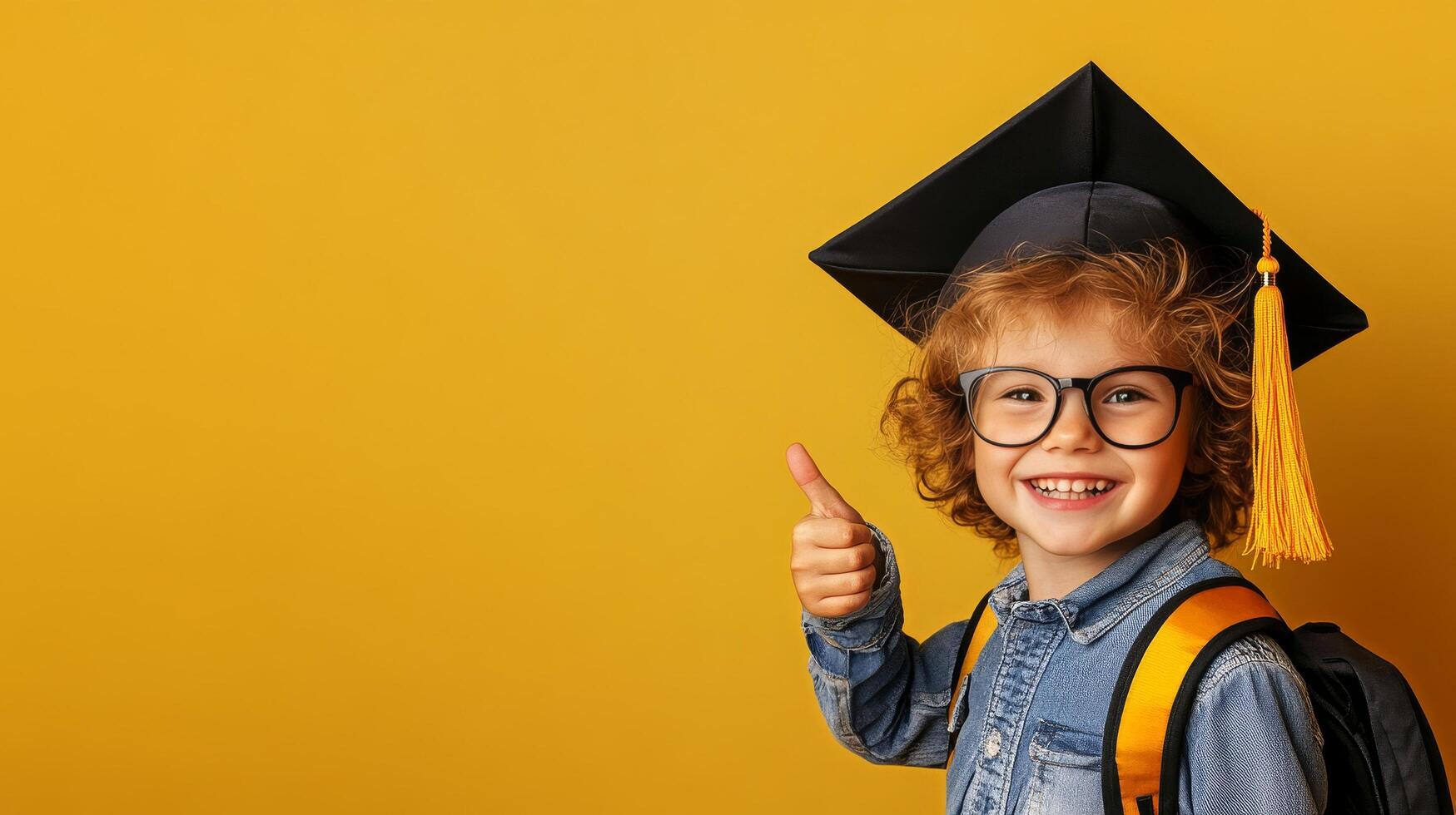 Young Graduate Celebrates Achievement With Smile and Thumbs up in Front of Yellow Background. photo