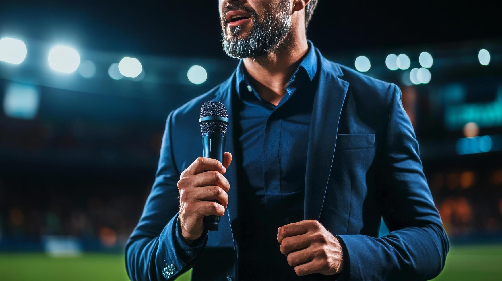 Sport Event Host Delivers Passionate Speech at Twilight Stadium With Bright Lights Illuminating Fans photo