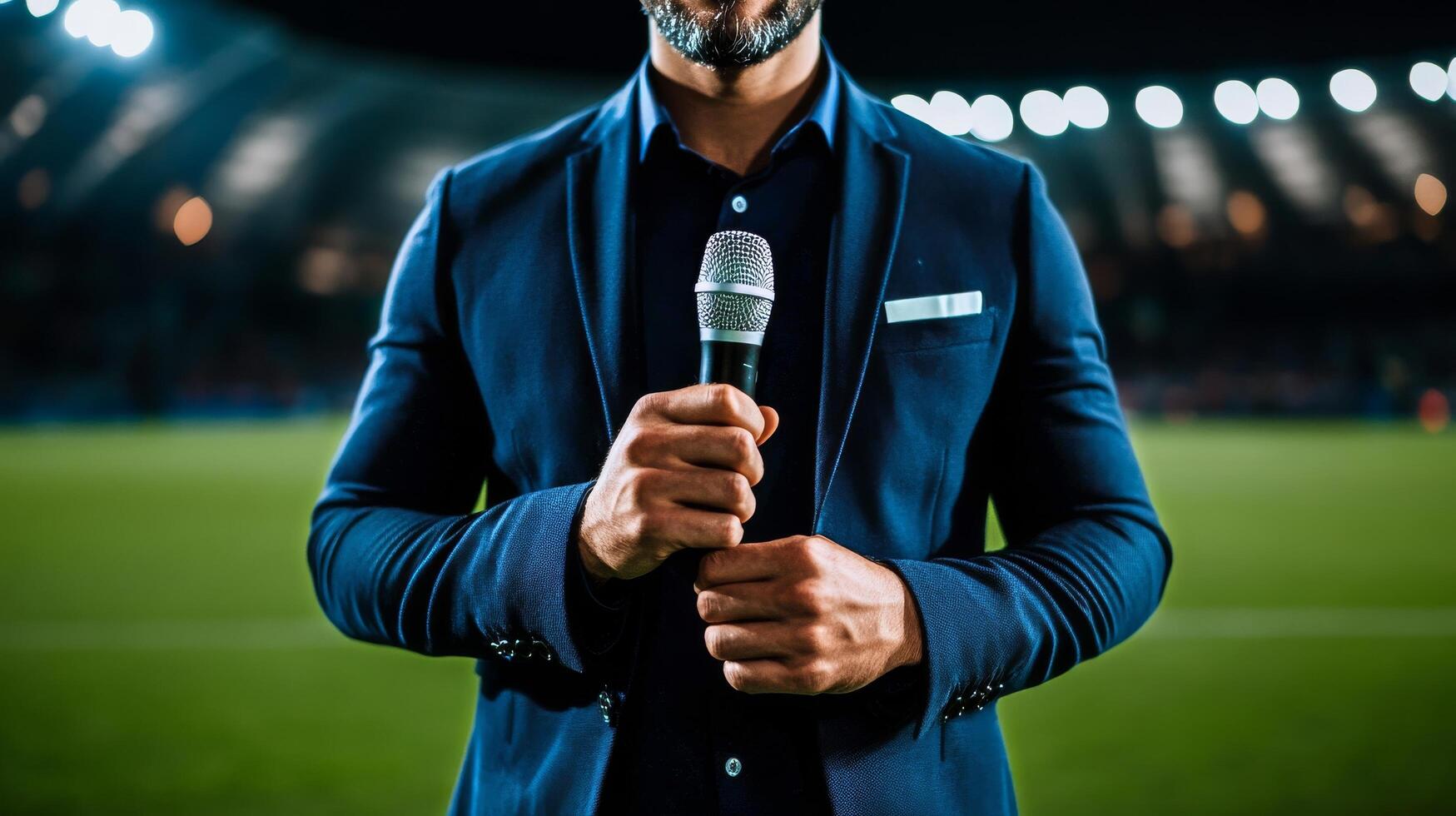 Presenter Delivers Keynote Speech at Evening Sports Event Amid Stadium Lights and Enthusiastic Crowd. photo