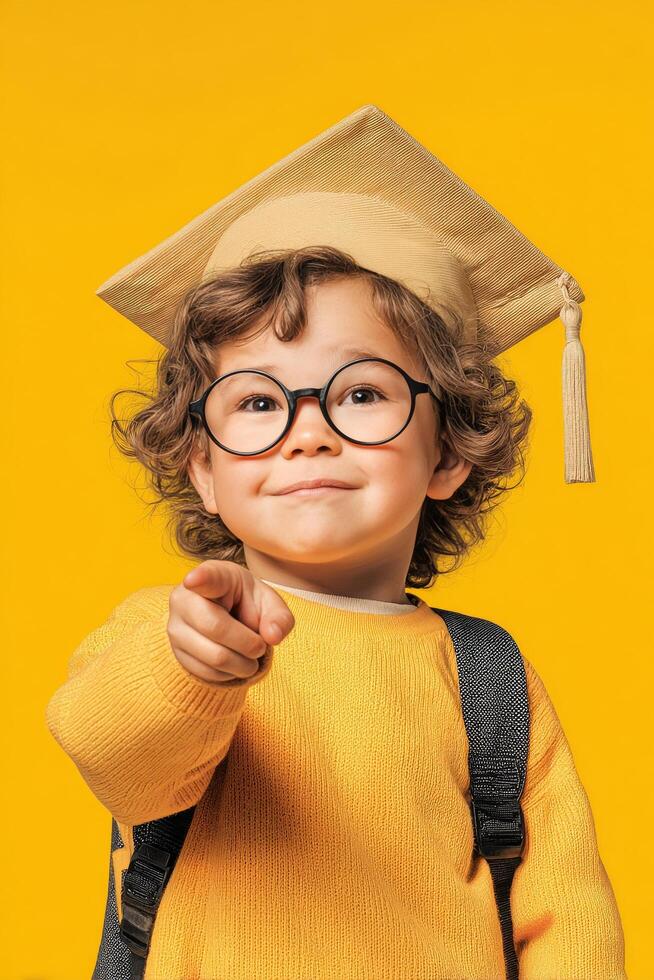 Young Child Dressed for Graduation Celebrates Success With Joyful Expression and Yellow Background. photo
