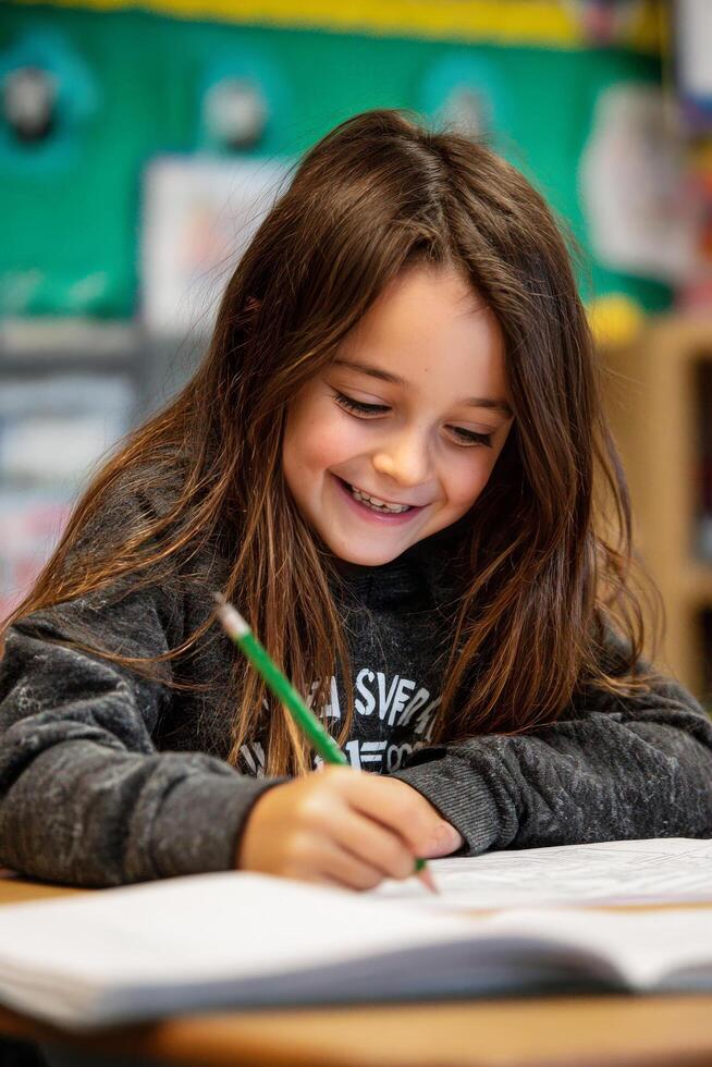 Child Studying Diligently in Classroom During Afternoon Hours. photo